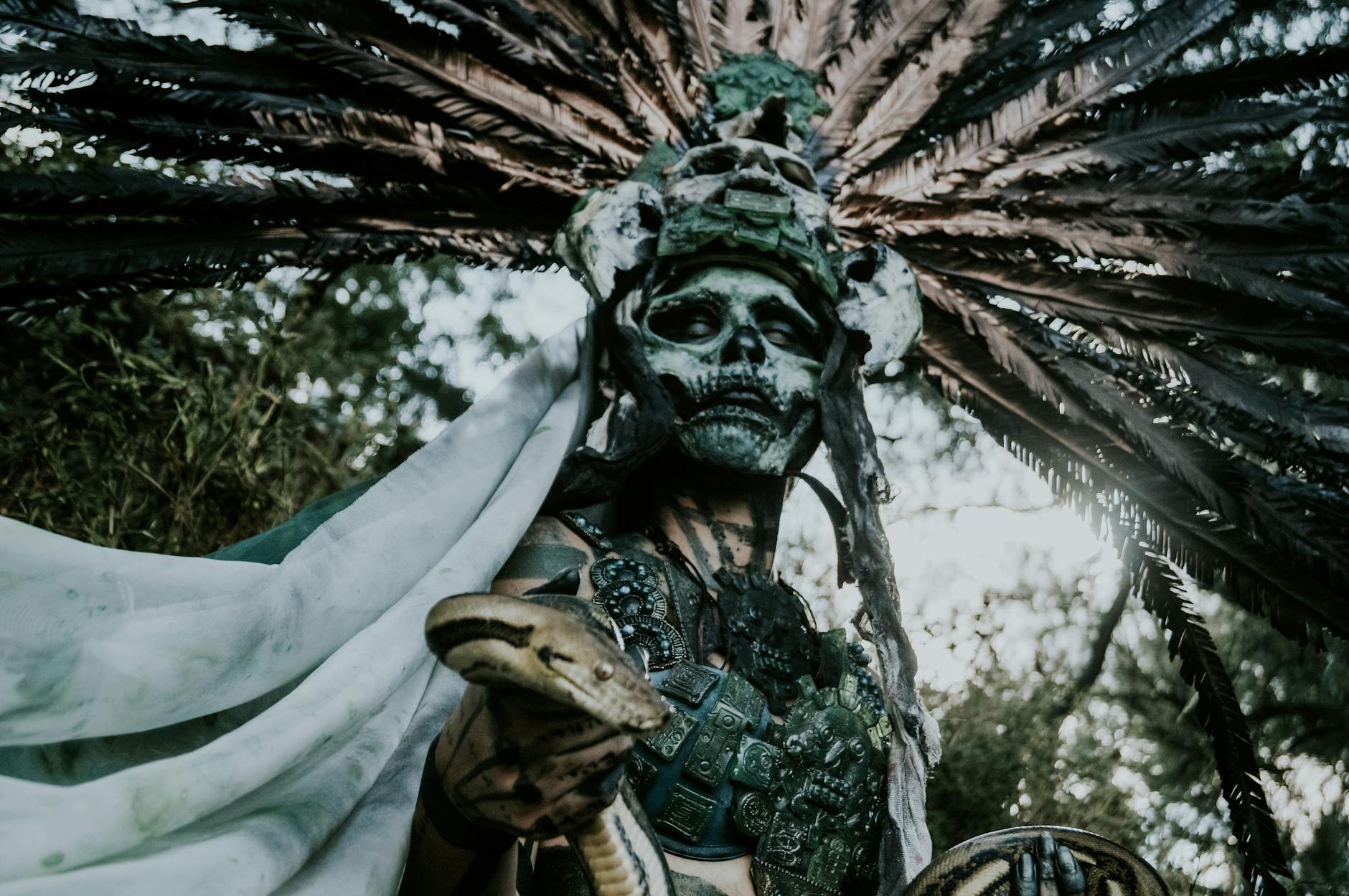 low angle view on person wearing costume of ancient god