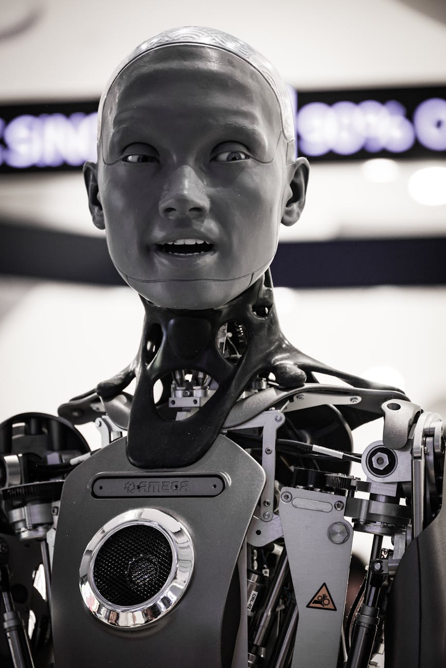 close up of a humanoid robot in modern setting